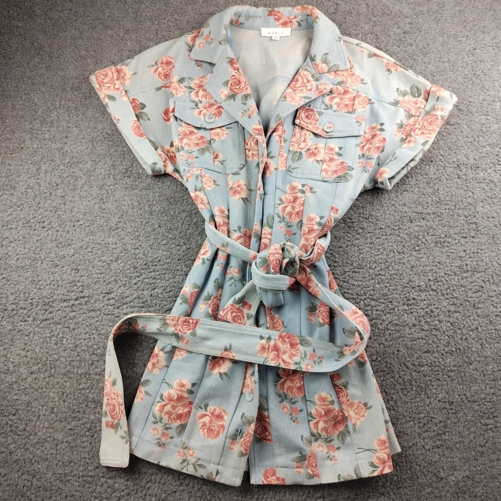 Mable Denim Mini Dress Belted Blue Rose Flower Print Size Small